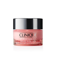 Clinique All About Eyes Rich jar closeup showing nourishing under-eye cream for hydration.