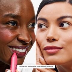 Moisturizing lip balm texture with mango and shea butter on lips.