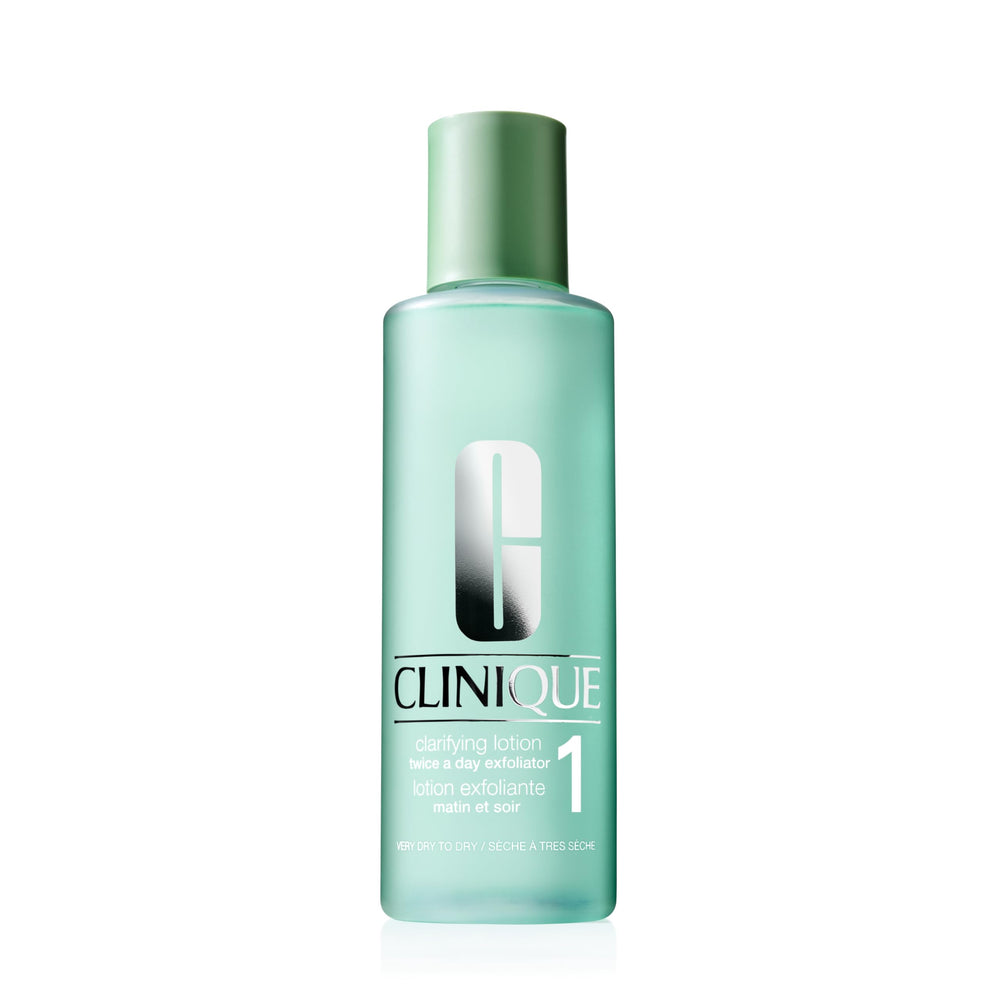 Clinique Clarifying Lotion 1 bottle close-up showing gentle exfoliation for very dry skin.