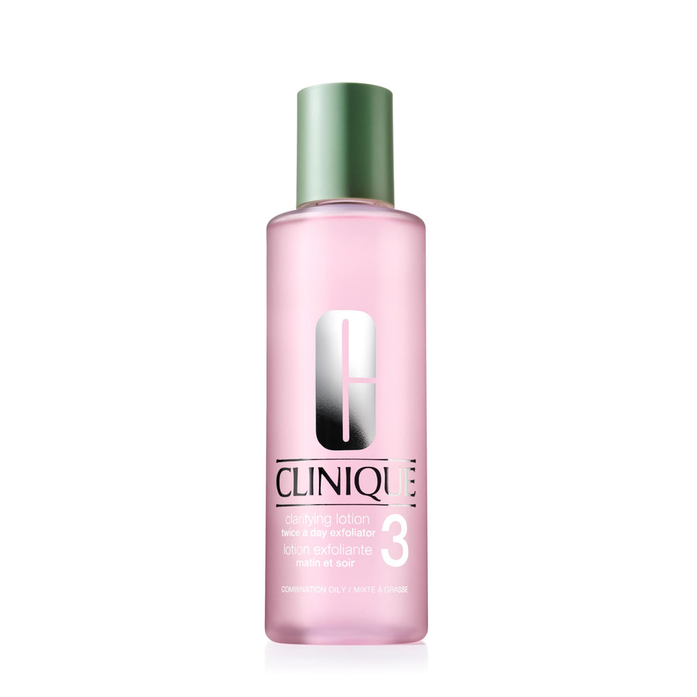 Clinique Clarifying Lotion 3 bottle front shows daily exfoliation use