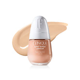 Clinique Even Better bottle-pump close-up showing full coverage and satin-matte finish