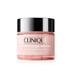 Clinique Moisture Surge Intense bottle shown for long-lasting hydration.