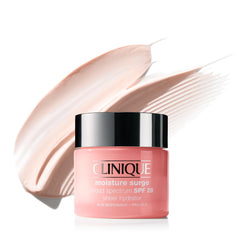 Clinique Moisture Surge SPF 28 bottle pouring sheer hydration on skin