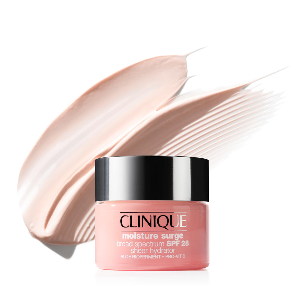 Clinique Moisture Surge SPF 28 bottle demonstrates sheer hydration for all-day glow.
