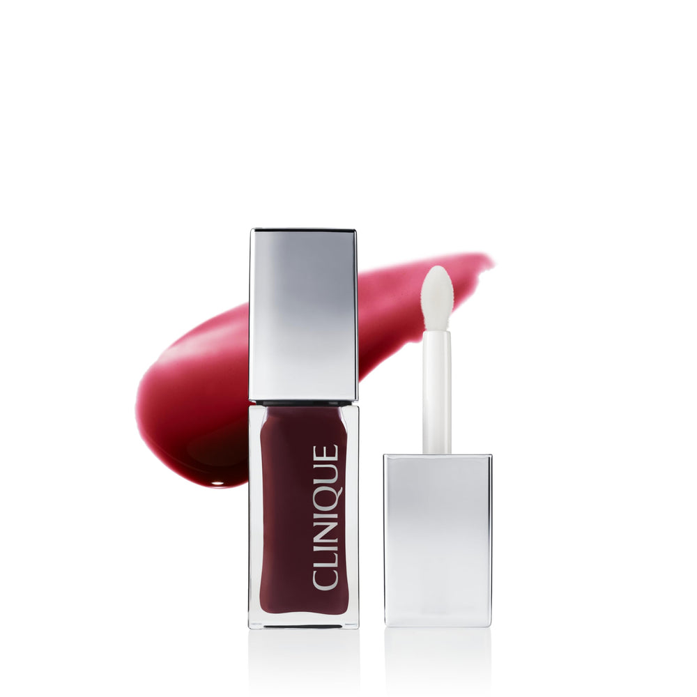 Clinique Pop Lip + Cheek Oil on lips delivering a dewy color