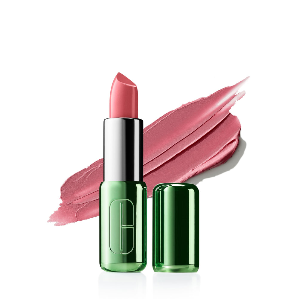 Clinique Pop Longwear lipstick closeup shows rich pigment for full-coverage color.