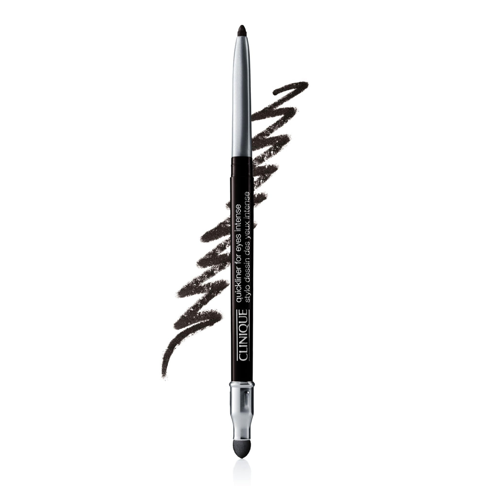 Clinique Quickliner For Eyes Intense Ebony swatch demonstrates bold color payoff.
