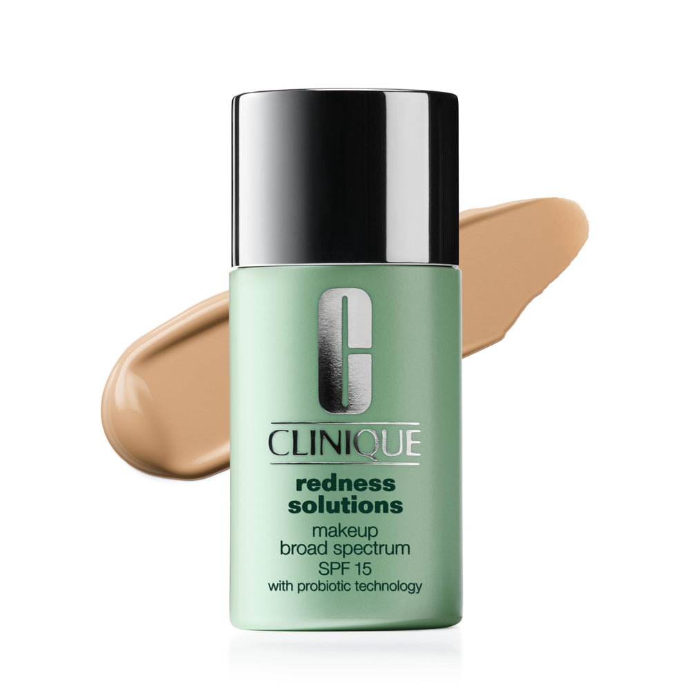 Clinique Redness Solutions foundation bottle shows medium coverage for redness-prone skin
