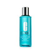 Clinique Rinse-Off Eye Makeup Remover bottle shown for oil-free removal and speed.
