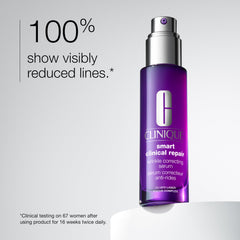 Clinique Smart Clinical Repair serum label detail highlights ingredients and benefits.