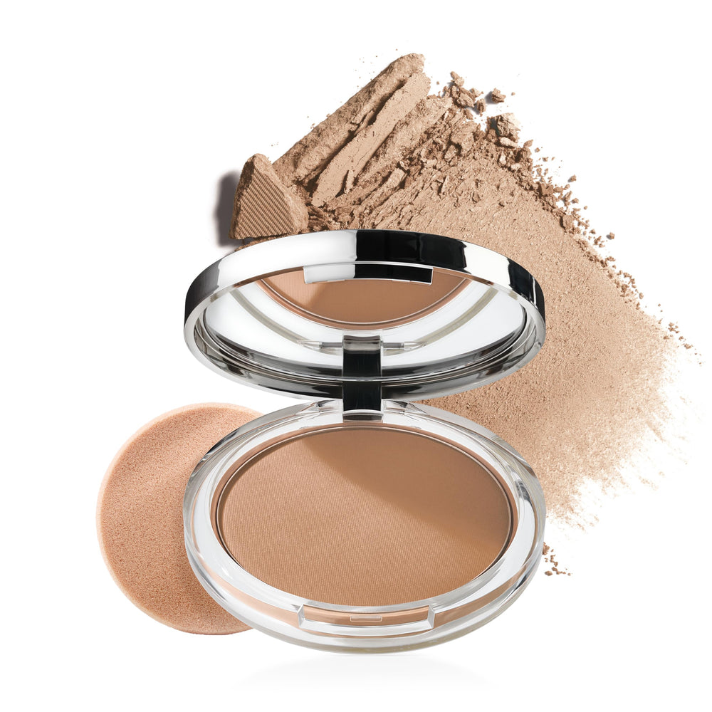 Clinique Stay-Matte Stay Honey compact image shows shine control on oily skin.