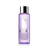 Clinique Take The Day Off bottle close-up highlights oil-free makeup remover for sensitive eyes
