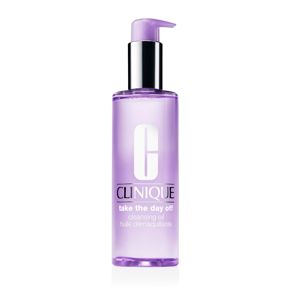 Clinique Take The Day Off cleansing oil bottle dissolves makeup gently for all skin types.