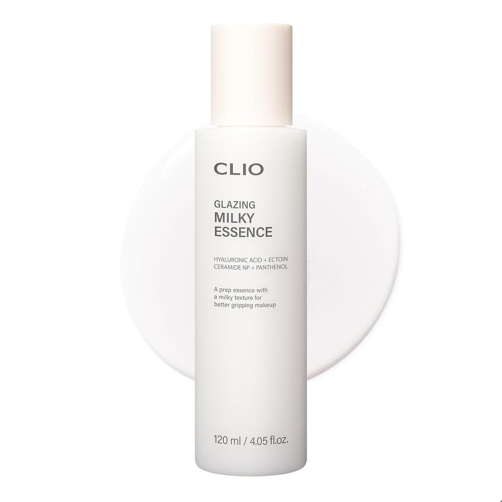 CLIO Professional Glazing Milky Essence bottle pouring for hydrated, makeup-ready skin