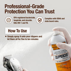 Clippercide anti-rust film protects blades between services.