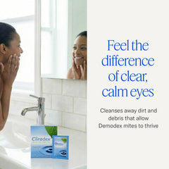 Cliradex Towelettes being applied to the eyelid for gentle cleansing.