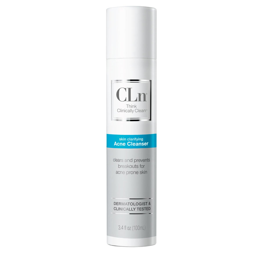 CLn Acne Cleanser bottle pour showing oil-free cleansing for acne-prone skin.