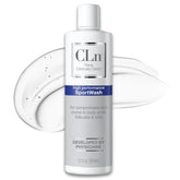 CLn SportWash bottle pour shows fragrance-free formula for odor-prone athletes.