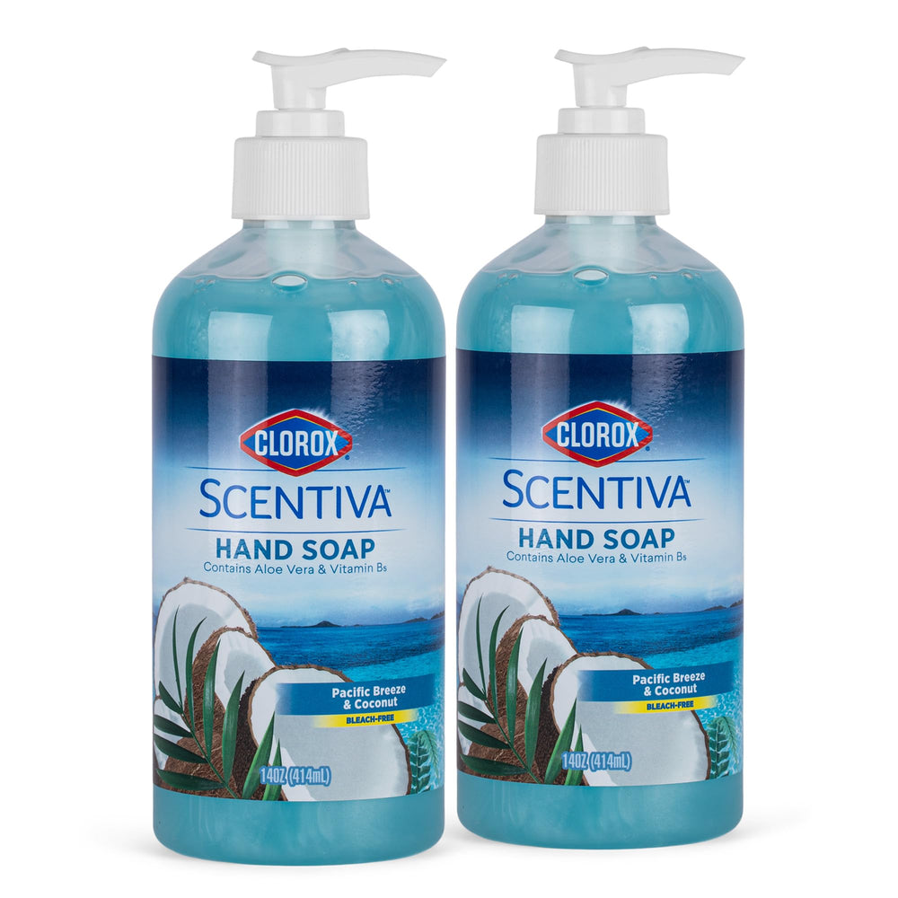 Clorox Scentiva jabón líquido para manos, frente de la botella, aroma tropical que refresca
