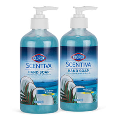 Clorox Scentiva jabón líquido para manos, frente de la botella, aroma tropical que refresca