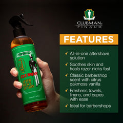 Hands applying Clubman after shave lotion spray for quick, comfortable post-shave use.