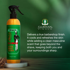 Detailed view of Clubman after shave lotion spray liquid for a smooth, even finish.