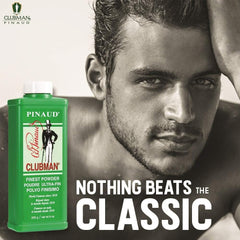 Clubman Flesh PINAUD powder container back highlighting ingredients and usage.