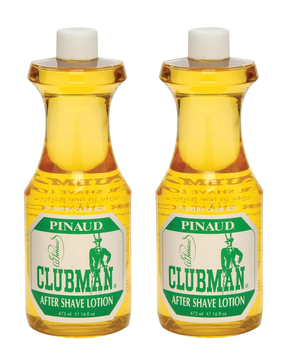 Clubman Pinaud aftershave lotion bottle with barbershop scent and skin-soothing benefits.