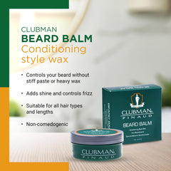 Packaging display of Clubman Pinaud Beard Balm on a dresser for daily grooming