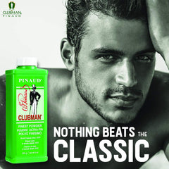 Dusting powder on skin with Clubman Pinaud Finest Powder for a dry feel.