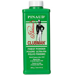 Clubman Pinaud Finest Powder tin close-up showing classic branding and silky texture.