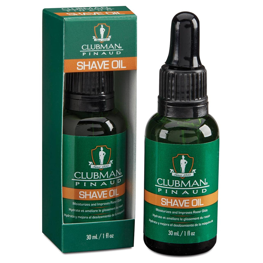 Clubman Pre Shave Oil bottle pour demonstrates smooth application for razor glide.
