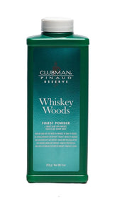 Clubman Reserve Whiskey Woods powder jar for moisture control and masculine scent.