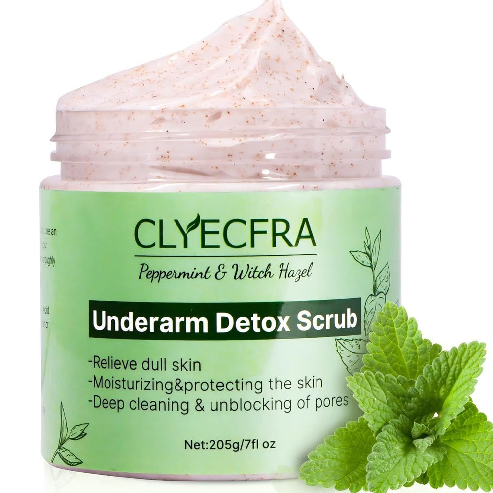 Clyecfra peppermint underarm scrub jar with refreshing mint formula for deep cleanse.