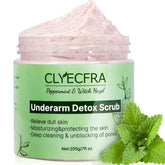 Clyecfra peppermint underarm scrub jar with refreshing mint formula for deep cleanse.