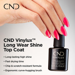 CND Vinylux durabilidad con luz natural para un brillo que perdura.