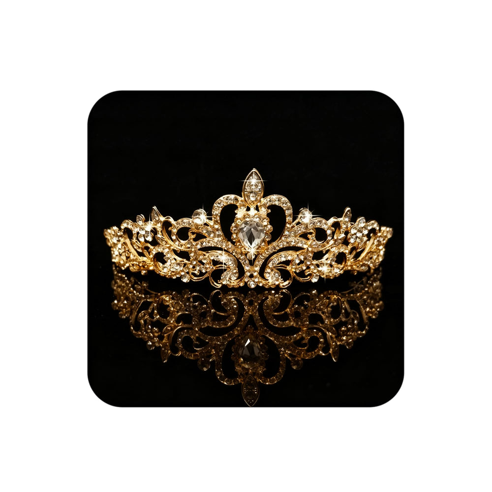 COCIDE Tiara dorada con cristales, vista frontal, ideal para bodas.