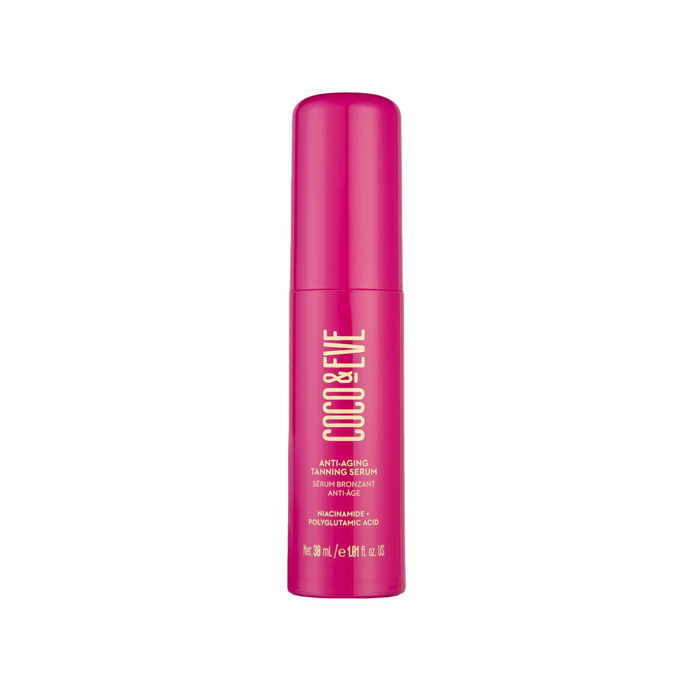 Coco & Eve Anti-Aging Tanning Serum bottle shows hydrating bronze glow.