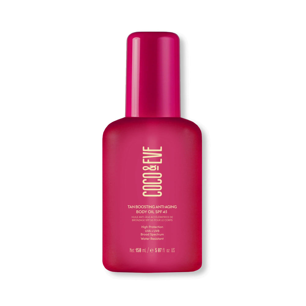Coco & Eve tan-boosting oil pump bottle for radiant, sun-kissed skin.