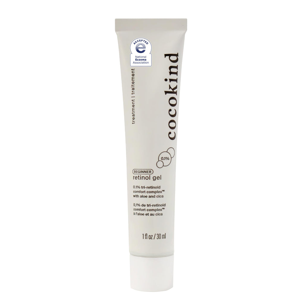 Cocokind Beginner Retinol Gel bottle on a vanity, signaling a gentle nightly routine.