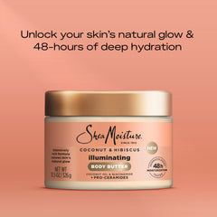 Coconut Hibiscus Illuminating Butter jar highlights rich formula for daily moisture.