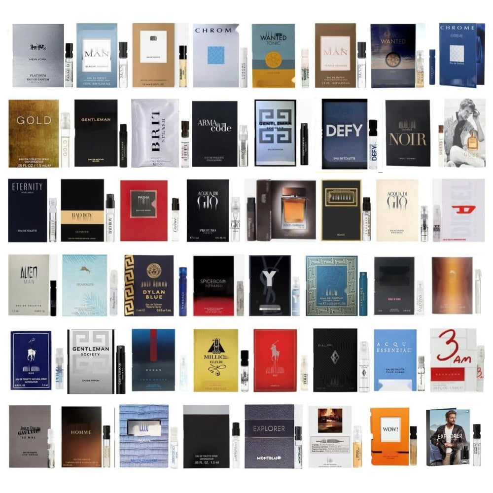 Cologne 11 designer sample vials for men packshot shows variety and portability.