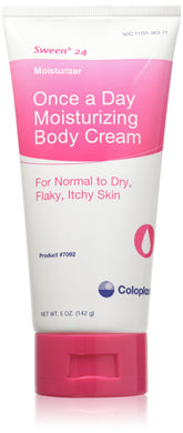 Coloplast Sween 24 crema 5oz, envase visible, crema humectante para uso diario en piel de todo tipo.