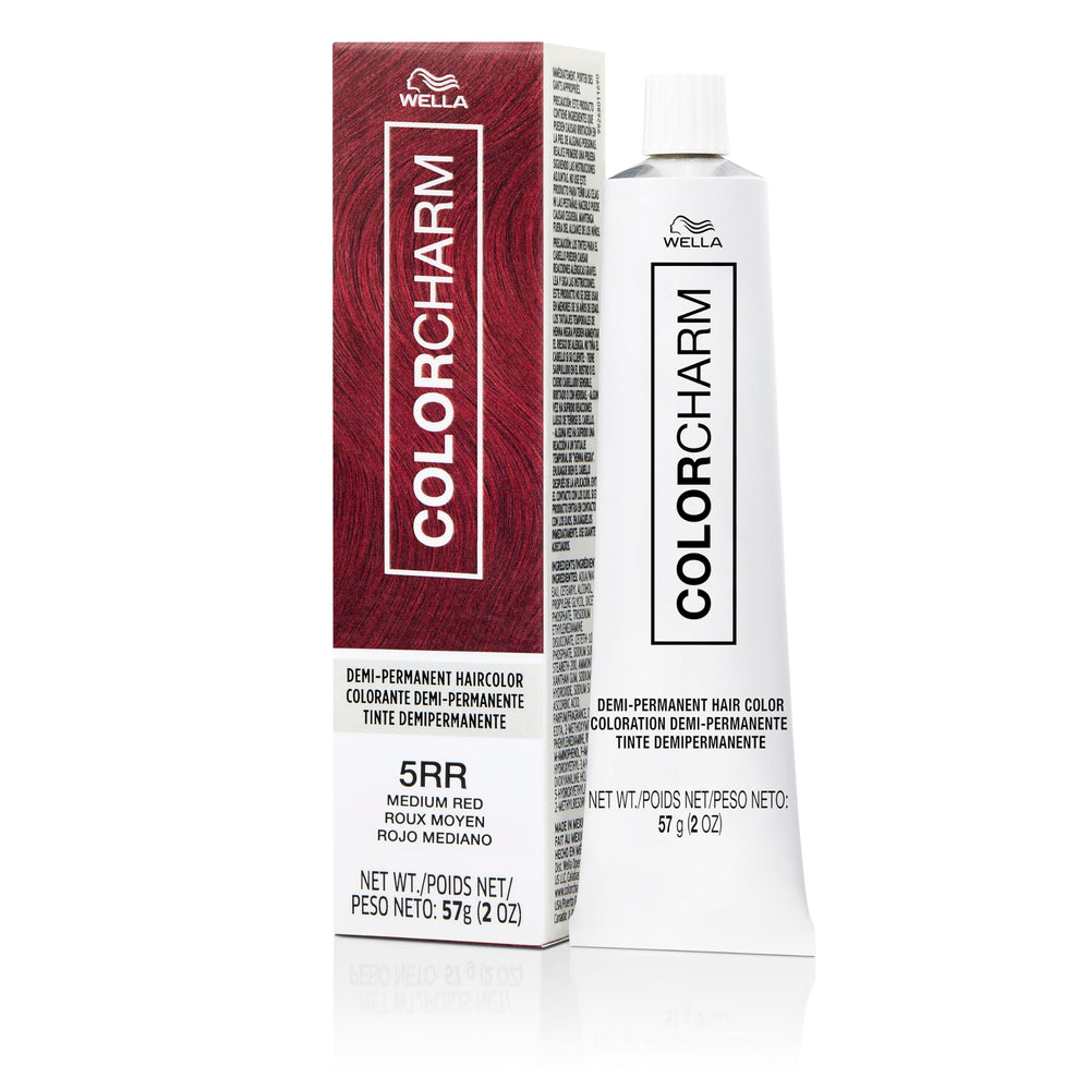 COLORCHARM Demi-Permanent 5RR red swatches illustrate vibrant color options for refreshing shade