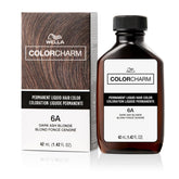 COLORCHARM permanent liquid hair color bottle closeup highlighting 6A ash shade and even coverage.