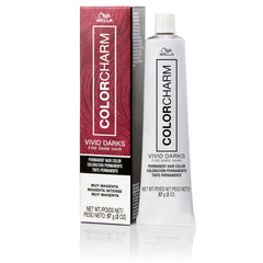 COLORCHARM VIVID DARKS bottle closeup shows vibrant magenta pigment for natural dark hair.