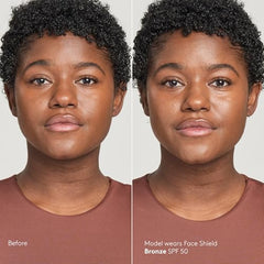 Colorescience Face Shield Bronze application shows even coverage on face, neck, and décolleté