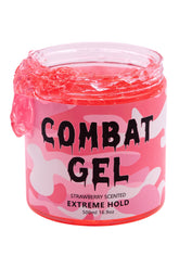 Combat Gel extreme hold bottle close-up with strawberry scent for long-lasting style.