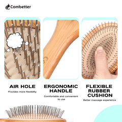 Combetter bamboo brush close-up shows cooling steel bristles for scalp massage
