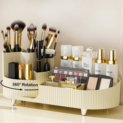 COMFYROOM rotating makeup organizer on vanity for easy access to cosmetics.